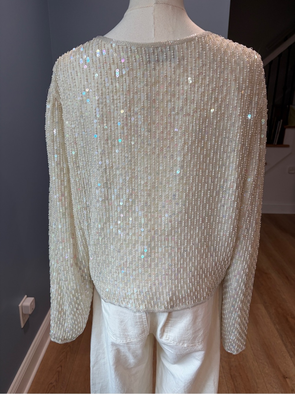Vintage Laurence Kazar New York Silk Beaded Sequin Jacket Ivory XL - Picture 6 of 10